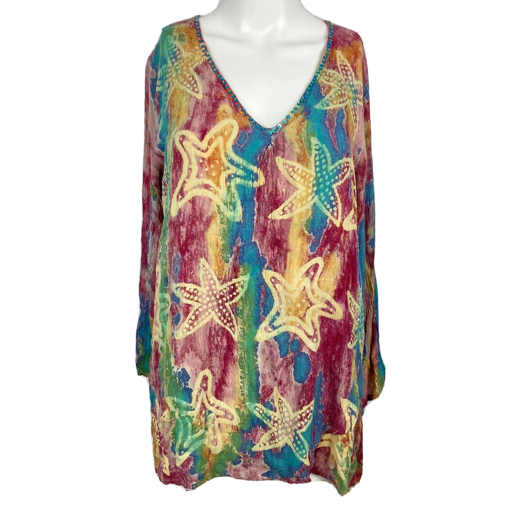 Charlie Paige Shirt Womens Sz S/M Multi Starfish Tunic Top Cover Up Beach V-Neck